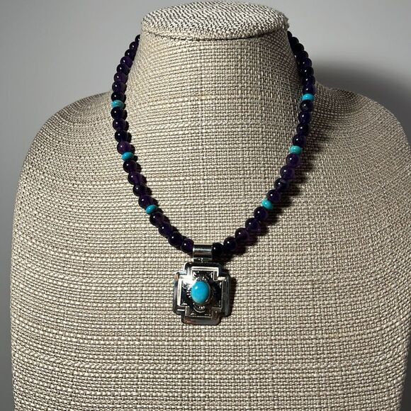 Beautiful Jay King Mine Finds Amethyst n Turquoise Necklace n Sterling Pendant. - Picture 4 of 6